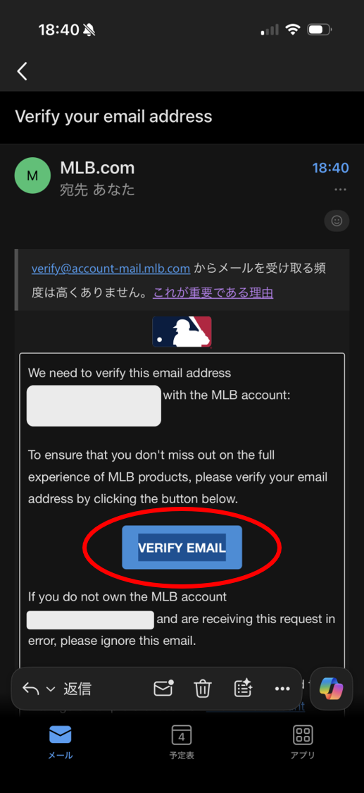 VERIFY EMAILメール画面