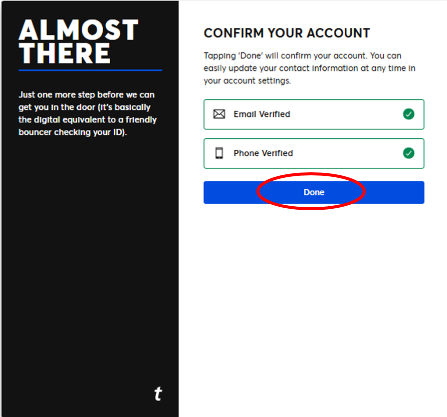 アカウント認証完了画面（Doneボタン）