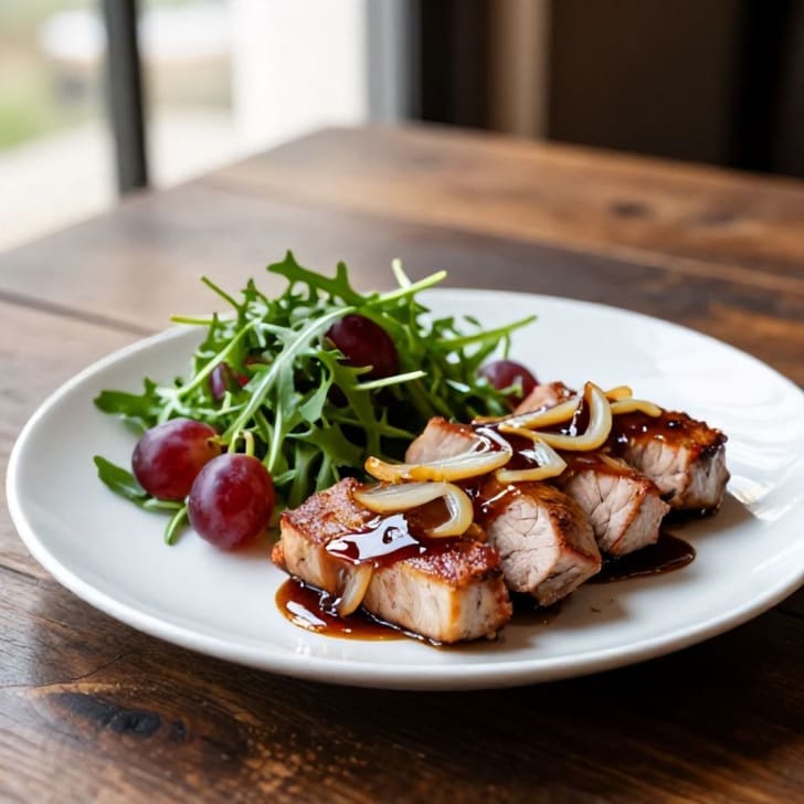 Gebratenes Schweinekarree mit Balsamico-Zwiebeln und Rucola-Trauben-Salat