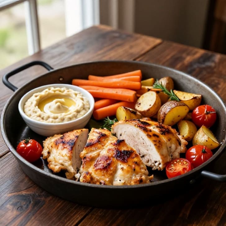 Blech-Hähnchen mit geröstetem Gemüse-Medley und Hummus