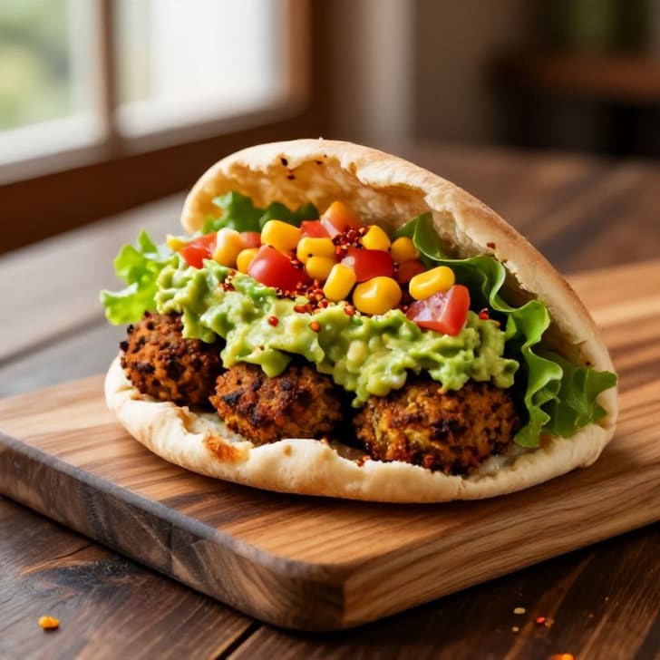 Würzige Falafel- und Guacamole-Pita-Taschen mit schnellem Maissalat