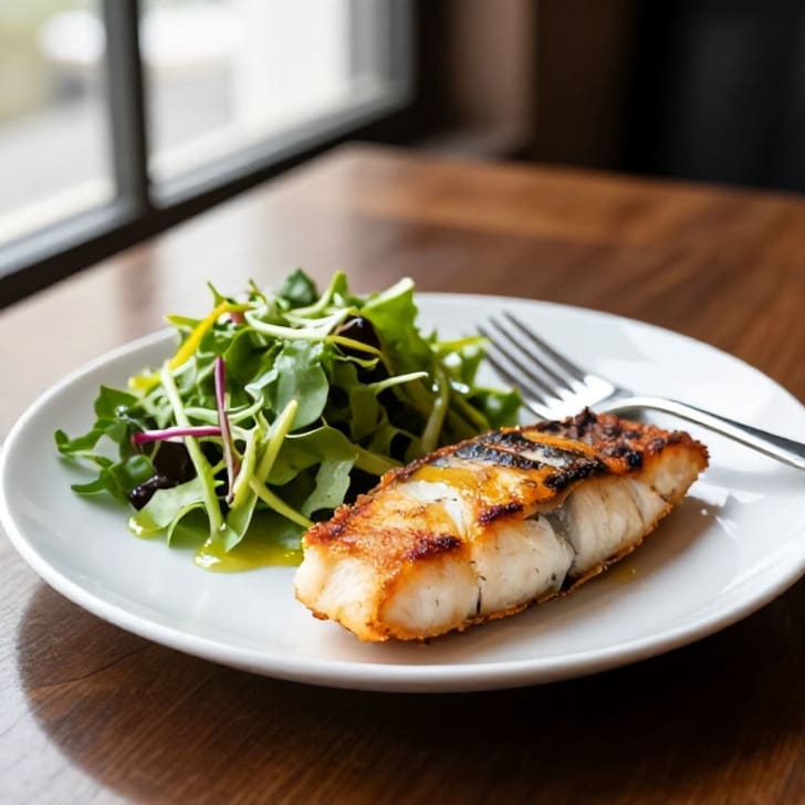 Knuspriger Ofenbackfisch mit frischem grünem Salat