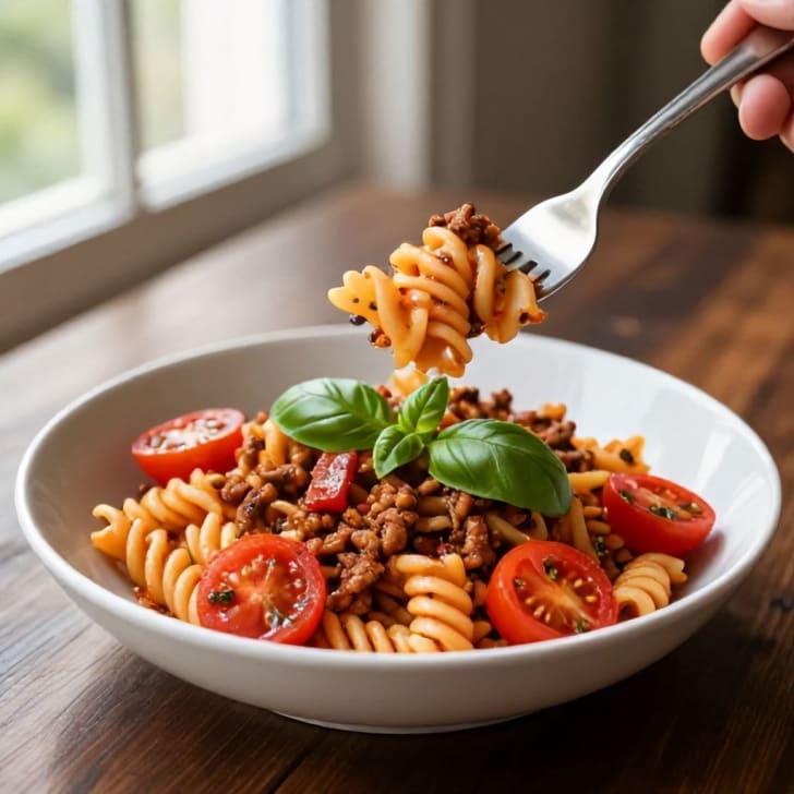 Mediterrane Vegane "Hackfleisch"-Pasta mit Kirschtomaten