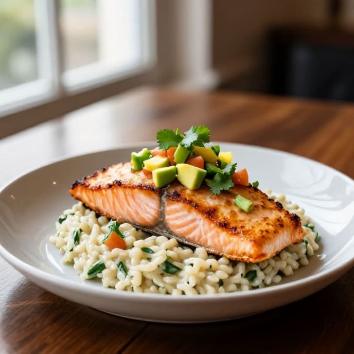 Gebackener Lachs mit pikanter Zitrone-Avocado-Salsa & Kräuter-Risotto