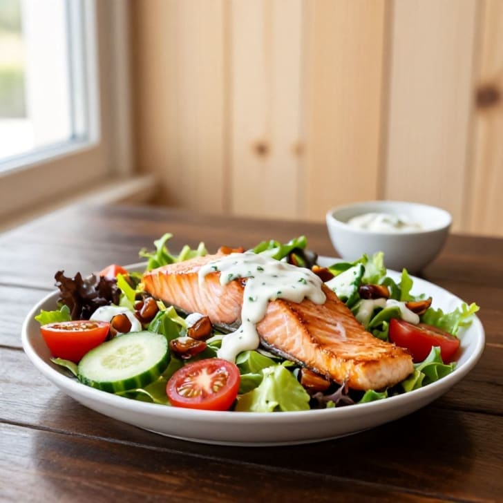 Gebratener Lachs-Salat mit Zitronen-Kräuter-Topfen und Datteln