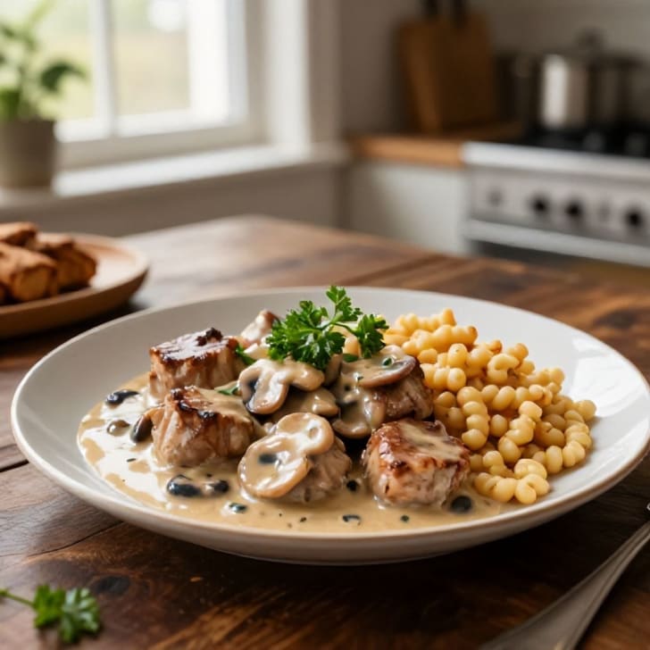 Cremiges Schweinekarree mit Pilz-Rahmsauce und Dinkel-Spätzle