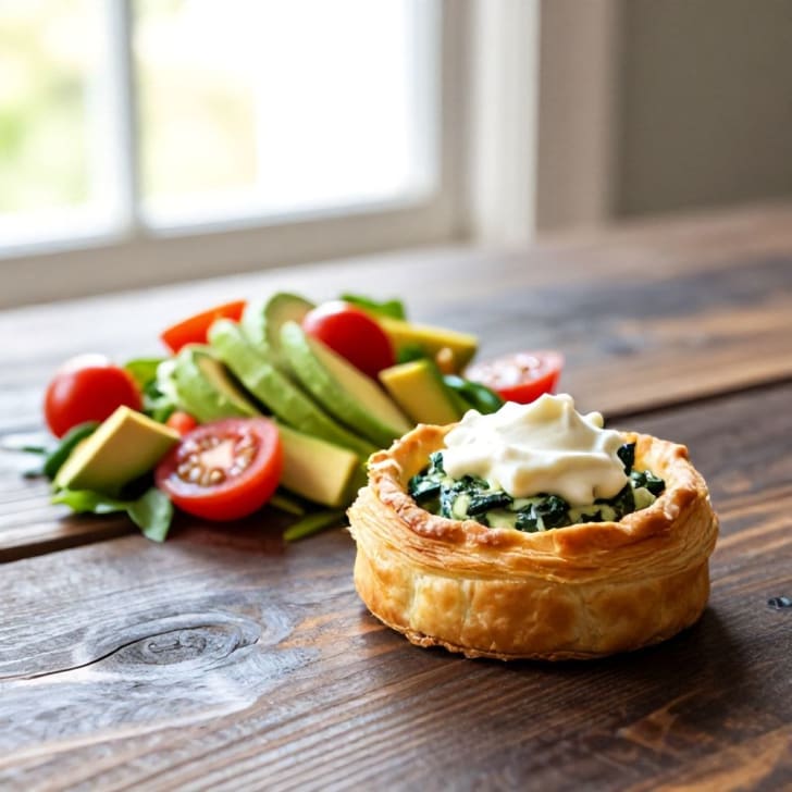 Herzhafter veganer Frischkäse-Spinat-Blätterteig-Tarte mit Avocado-Tomaten-Salat