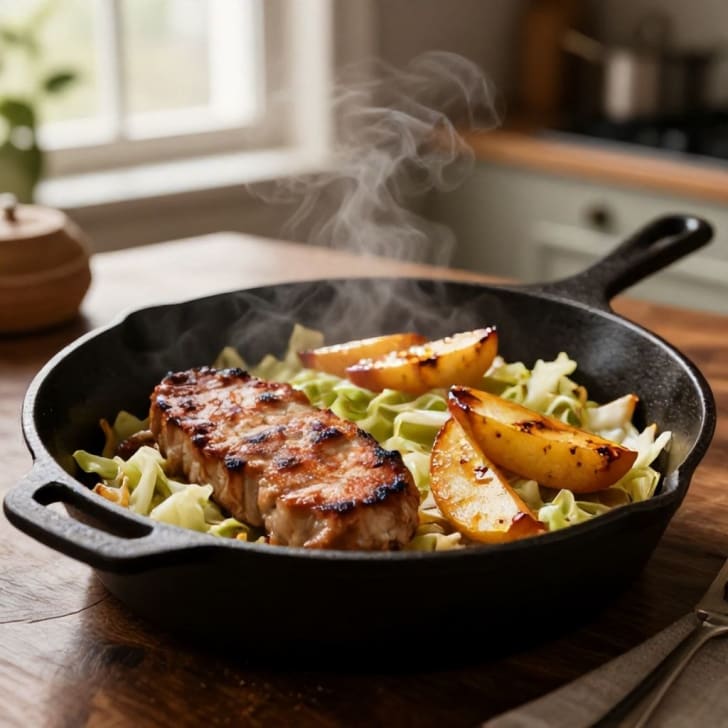 Rustikale Leberkäse-Chinakohl-Pfanne mit Äpfeln