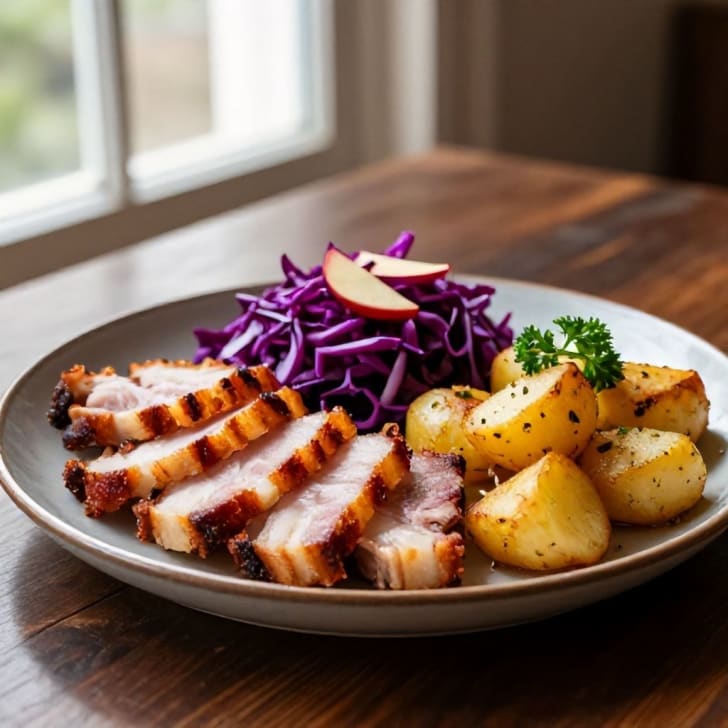 Knuspriger Schweinebauch mit herzhaftem Apfelrotkohl und gebratenen Schupfnudeln