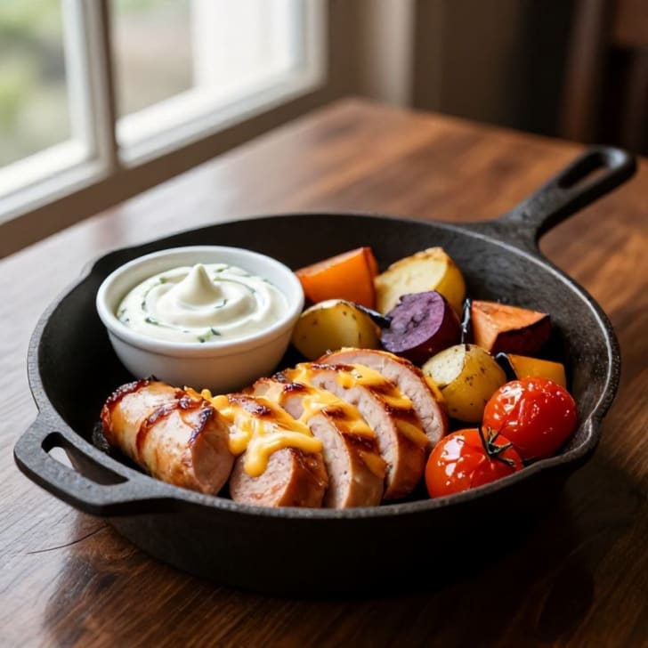 Herzhafte Käsekrainer-Pfanne mit geröstetem Wurzelgemüse und Kräuterfrischkäse-Dip