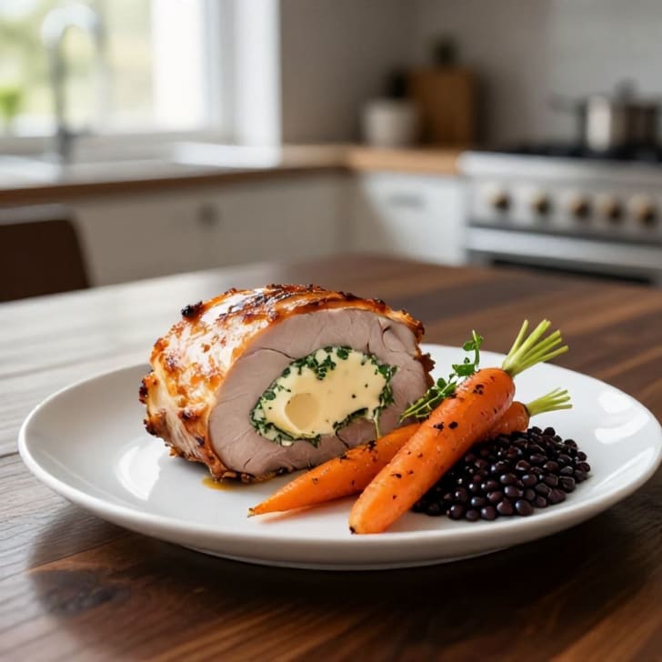 Gefülltes Schweinskarree mit Kräuter-Mondseer-Käse, Belugalinsen und gerösteten Karotten