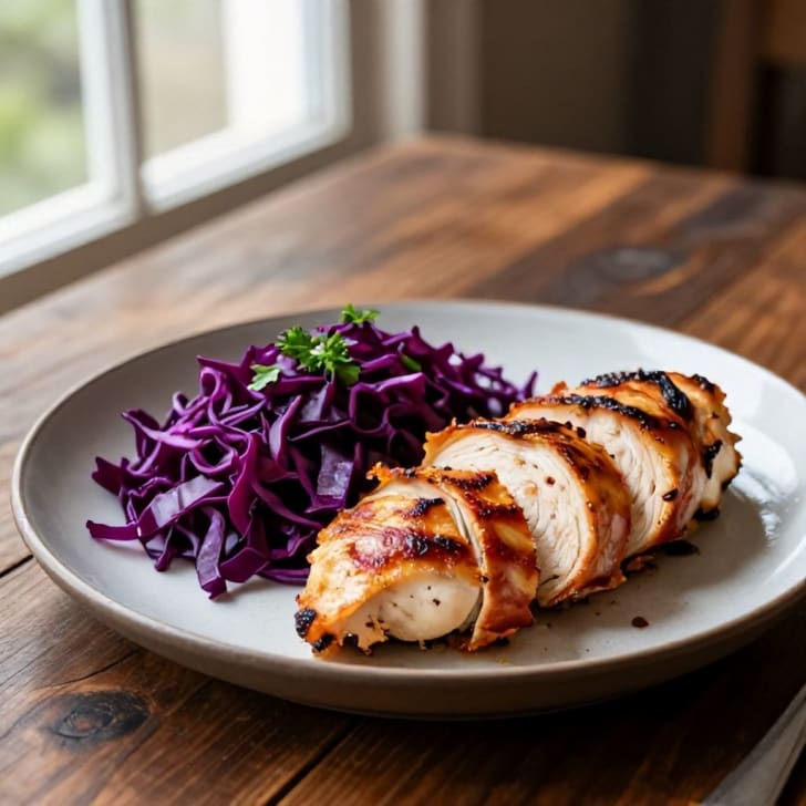 Knusprige Pancetta-Hähnchenbrust mit süß-saurem geschmortem Rotkraut