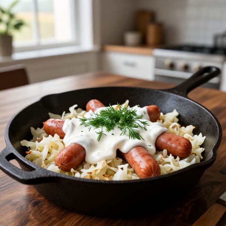 Frankfurter-Weißkraut-Pfanne mit cremigem Joghurt-Dressing