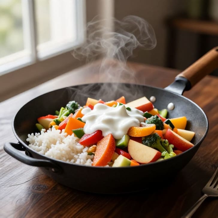Pikante Apfel-Gemüse-Pfanne mit cremigem Joghurt-Drizzle