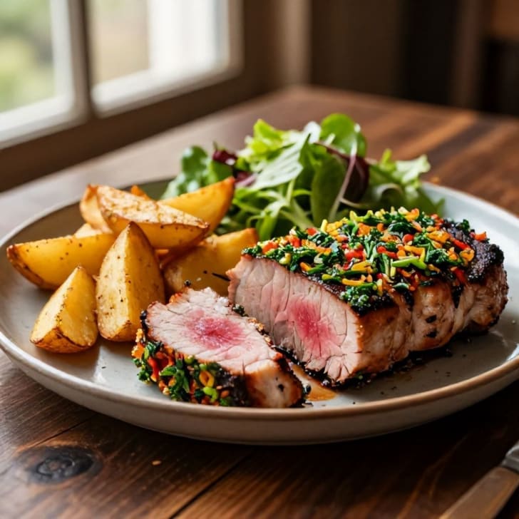 Kräuterkrusten-Schweinsfilet mit Rosmarinkartoffeln und frischem Salat