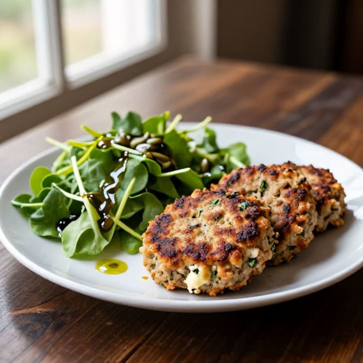 Ziegenkäse-Kräuter-Hackfleisch-Patties mit Kürbiskernöl-Salat