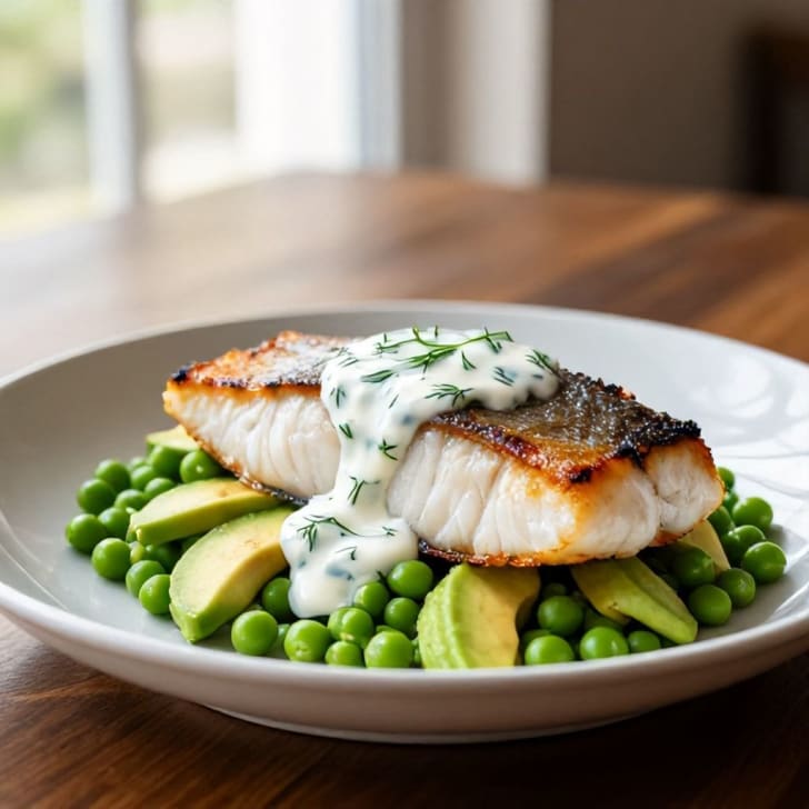 Gebratene Forelle mit cremiger Dill-Joghurt-Sauce und Zuckerschoten-Avocado-Salat