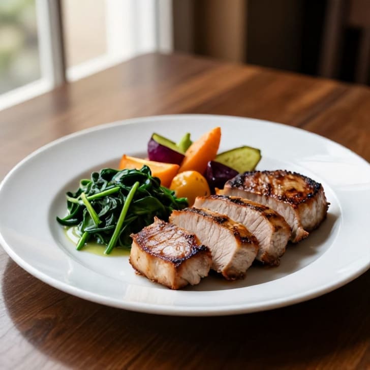 Gebratenes Schweinsfilet mit Cremespinat und geröstetem Wurzelgemüse