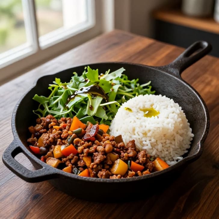 Herzhafte Hackfleisch-Gemüse-Pfanne mit frischem Salat und Kürbiskernöl-Dressing