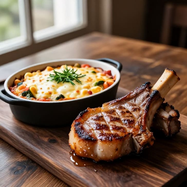 Gebratene Schopfsteaks mit Käse-Gemüse-Gratin