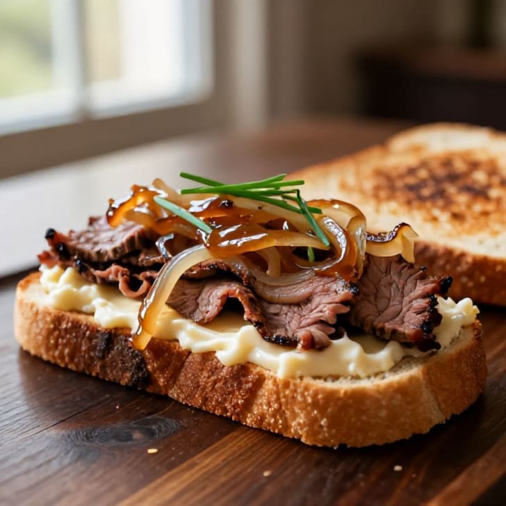 Offenes Rindfleisch-Melt mit Frischkäse und karamellisierten Zwiebeln