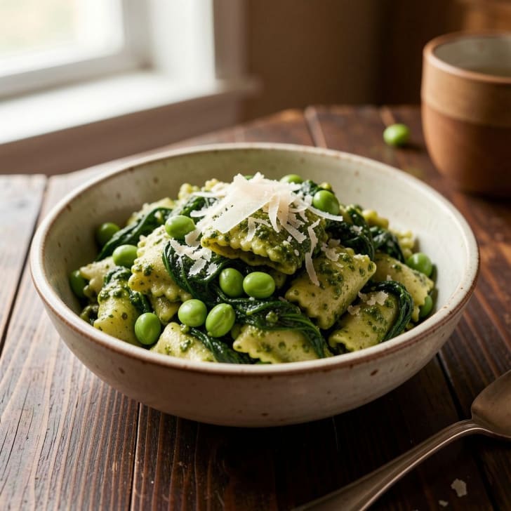 Gefüllte Gourmet-Pasta mit Spinat-Pesto & Gebratenen Grünen Bohnen