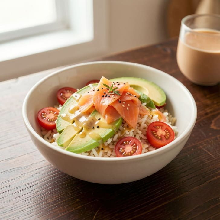 Frische Lachs-Avocado-Reis-Bowl mit Midi-Tomaten