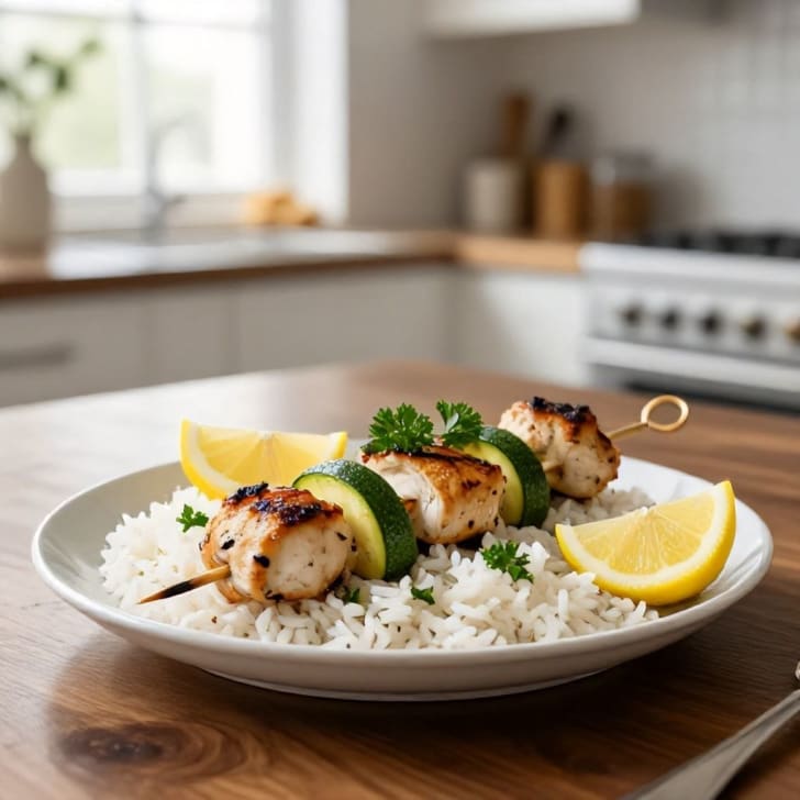 Zitronen-Kräuter-Hähnchen- und Zucchini-Spieße mit lockerem Reis