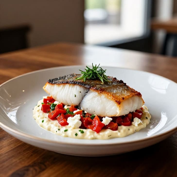 Gebratener Wolfsbarsch mit gerösteter Paprika und cremiger Feta-Sauce