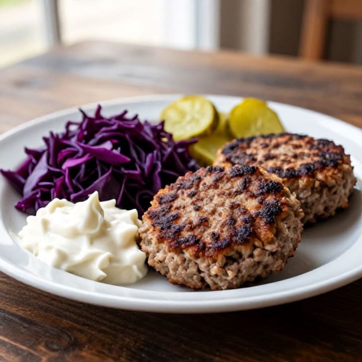 Herzhafte Faschierte Laibchen mit Kren-Dip, geschmortem Kraut & Essiggurken