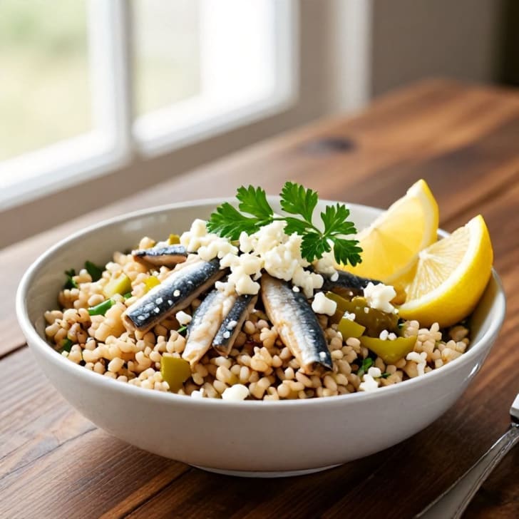 Sardinen-Getreide-Salat mit würzigen Gurken und Sennkäse