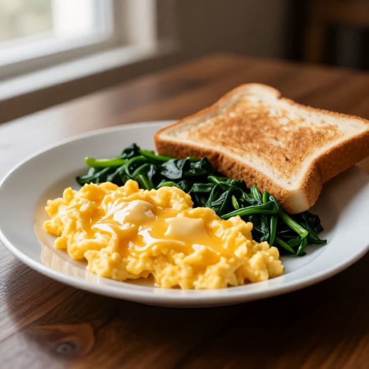 Herzhaftes Gouda-Rührei mit gebratenem Grün