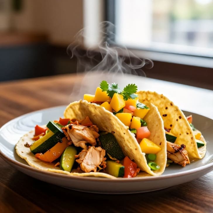 Pikantes Hähnchen-Zucchini-Pfannengericht mit frischer Mango-Salsa