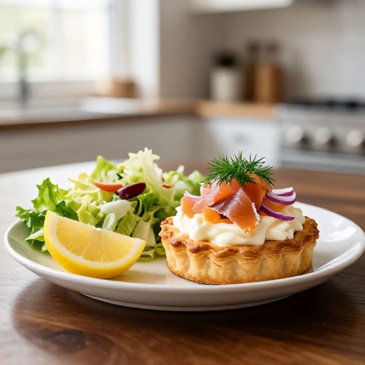Geräucherte Forellen-Frischkäse-Blätterteigtarte mit Zitronen-Dill-Salat
