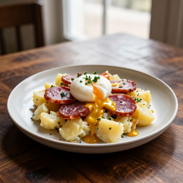 Knusprige Salami & Warmer Kartoffelsalat mit pochiertem Ei und Ahorn-Senf-Vinaigrette