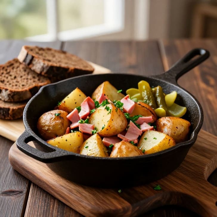 Herzhafte Schinken-Kartoffel-Pfanne mit würzigen Gurken und Lavanttaler Brot