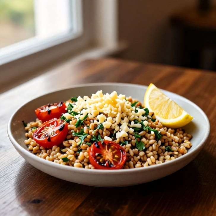 Warme Bio-Getreide-Bowl mit gerösteten Zitronen-Kirschtomaten und zerbröseltem Sennkäse