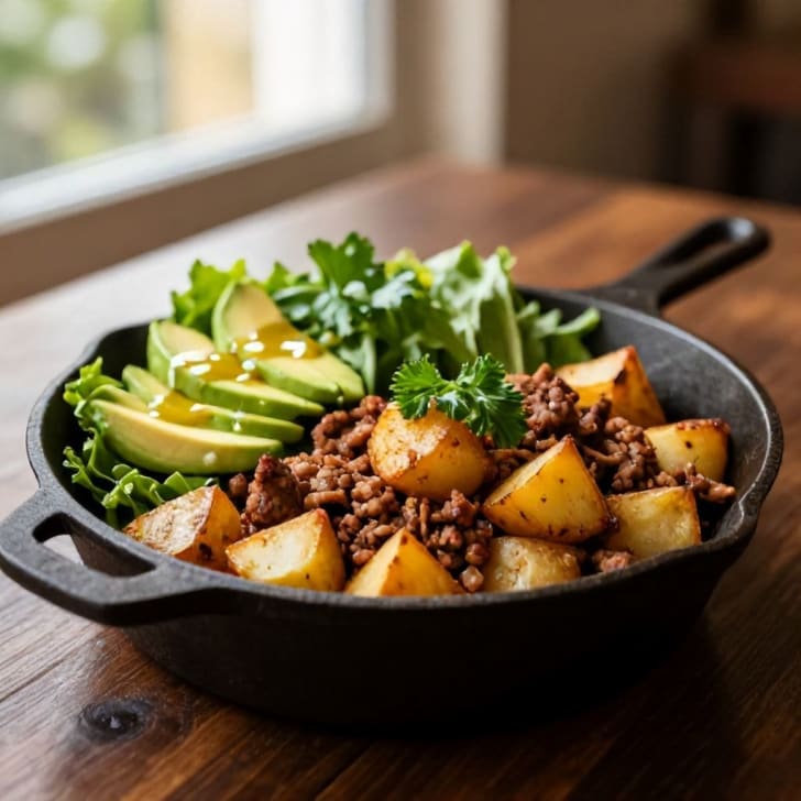 Herzhafte Hackfleisch-Kartoffel-Pfanne mit frischem Avocado-Salat