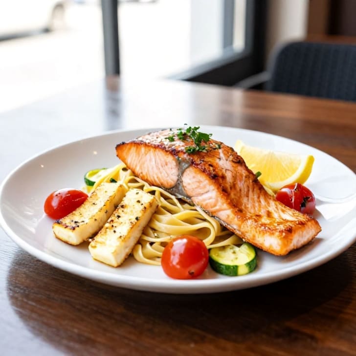 Gebratener Lachs & Halloumi mit Zitronen-Kräuter-Tagliatelle