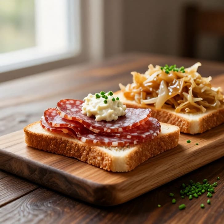 Salami-Kren-Toast mit Geschmortem Kraut