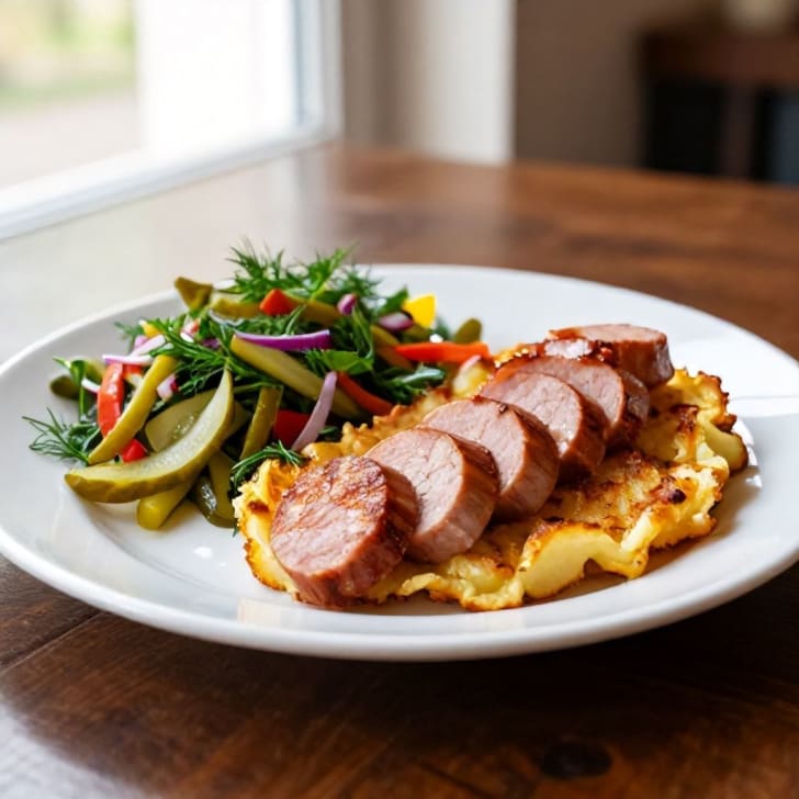 Knusprige Käsekrainer-Kartoffelrösti mit frischem Gurkensalat