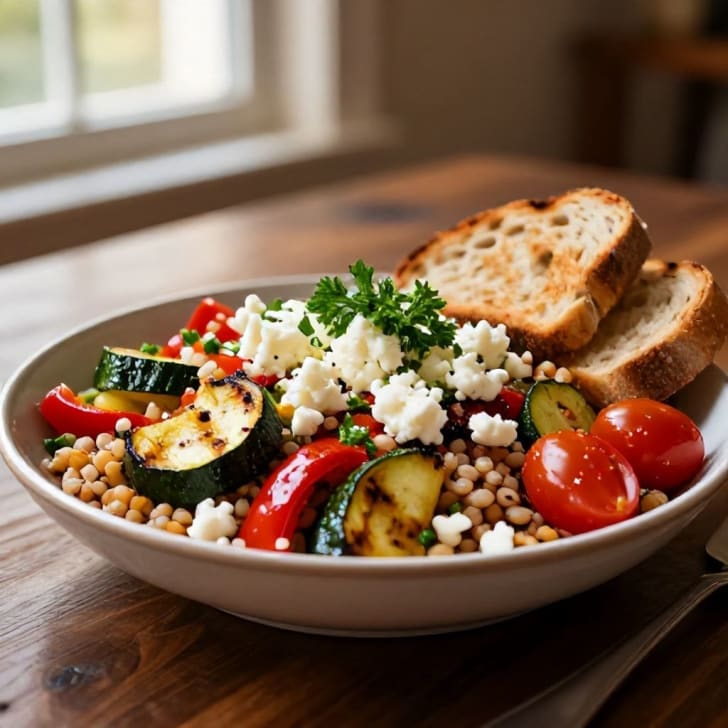 Herzhafte mediterrane Getreide-Bowl mit geröstetem Gemüse und Bergbauernkäse
