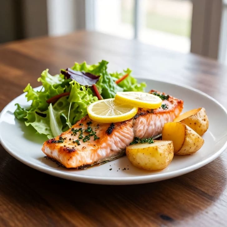 Zitronen-Kräuter-Lachs mit Rosmarinkartoffeln und frischem Salat