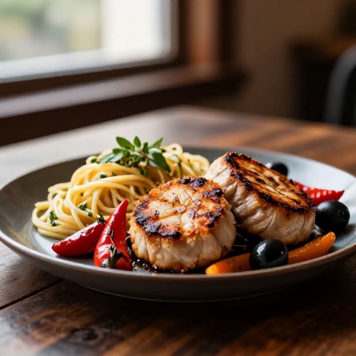 Mediterrane Schweinsmedaillons mit gerösteten Paprika und Oliven