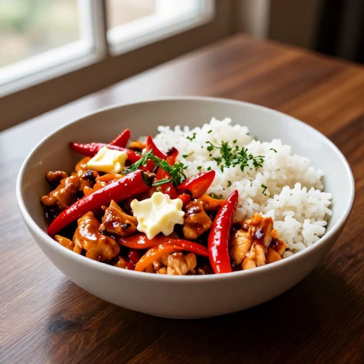 Pikantes Hähnchen-Wokgericht mit roten Paprika und Mozzarella
