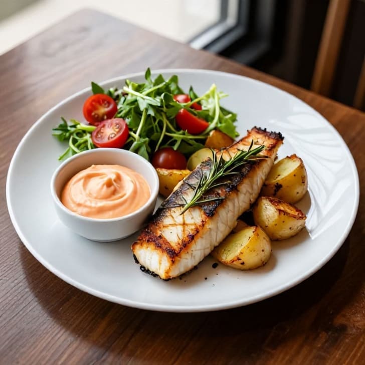 Gebratener Zander mit Rosmarinkartoffeln und cremigem Liptauer-Bergbauern-Dip
