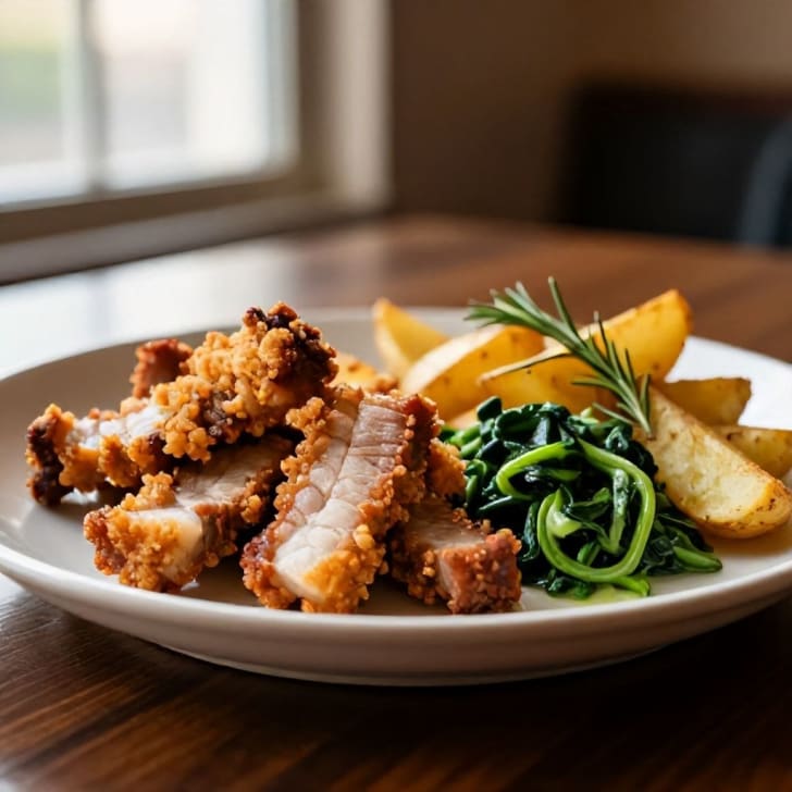 Knusprige Bauchstreifen vom Schwein mit Rahmspinat und Rosmarinkartoffelspalten