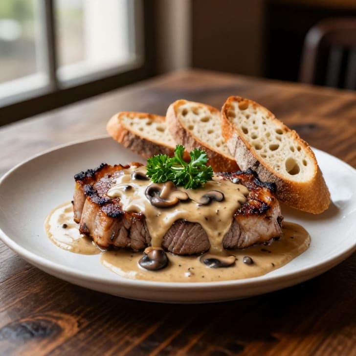 Gebratene Schweinekarreesteaks mit cremiger Pilzsauce und knusprigem Baguette