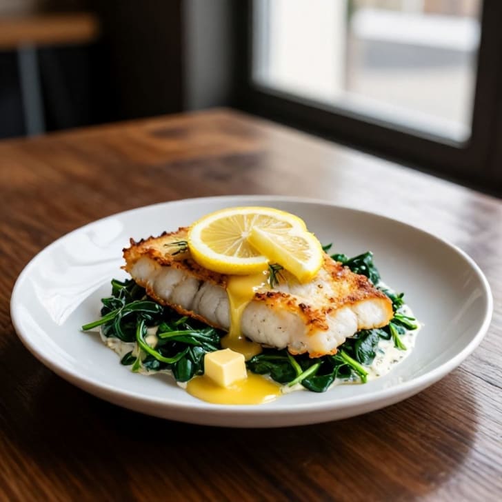 Gebackener Kabeljau mit Zitrone-Dill-Rahmspinat & Butter