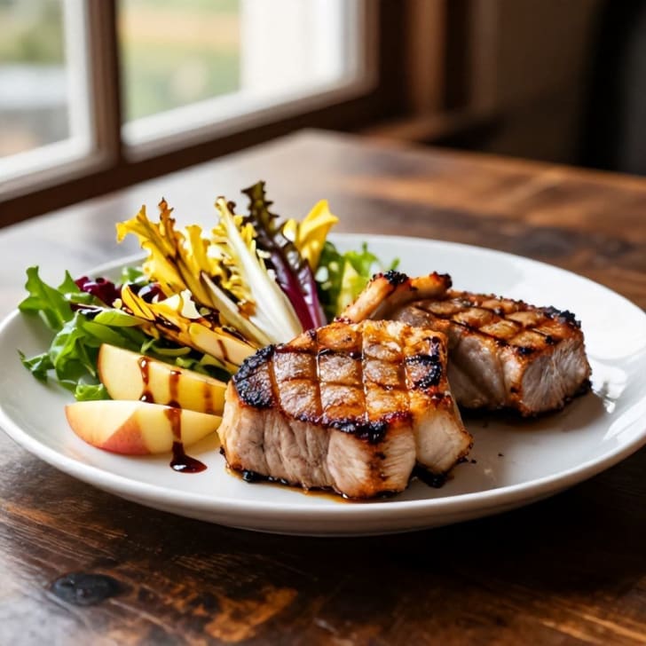 Gebratene Schweinekarreesteaks mit geröstetem Chicorée-Apfel-Salat